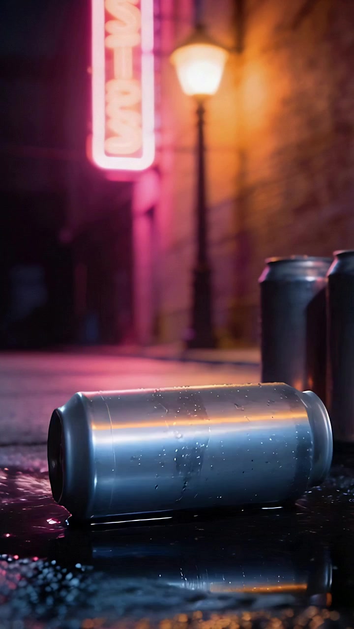 Video verticale: Lattina di alluminio che rotola su un vicolo bagnato dopo la pioggia di notte, vicino ad altre due lattine, mostrando luci al neon.
