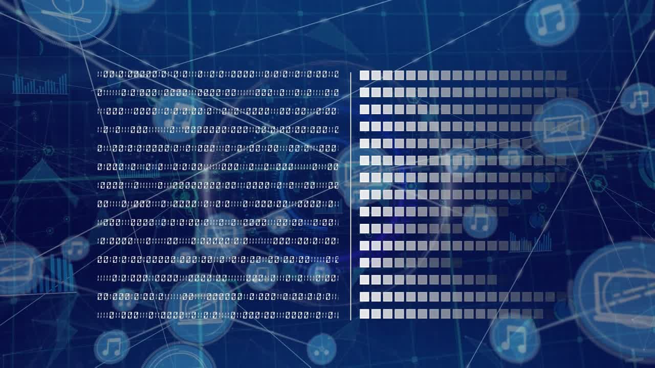 Animation of data processing over network of connections on black background