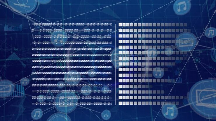 Animation of data processing over network of connections on black background
