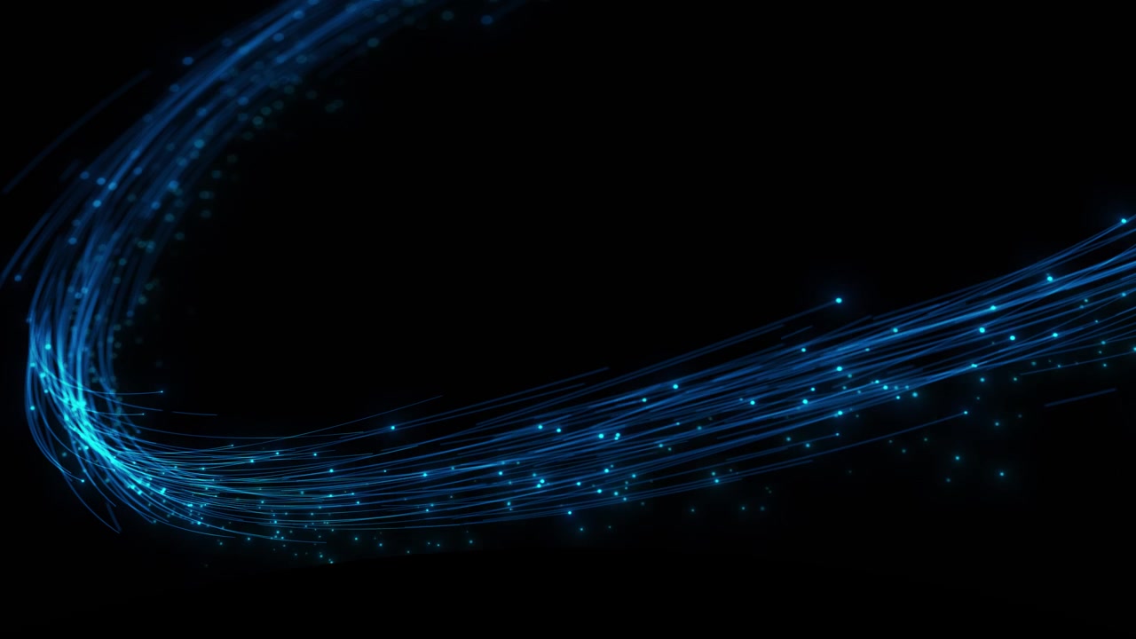 Glowing blue data strand visual with sweeping fiber lines bright particle points and dark empty