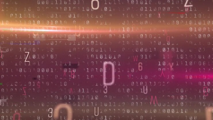 Warm band appearing, binary scrolling while glyphs enlarging, drifting forward, showing data flow