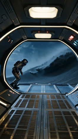 astronaut in spaceship observing a storm on an alien planet