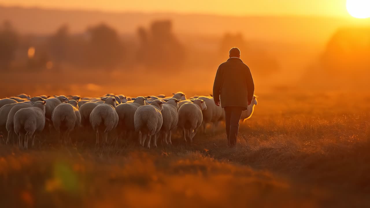 Pastore che cammina con le pecore al tramonto