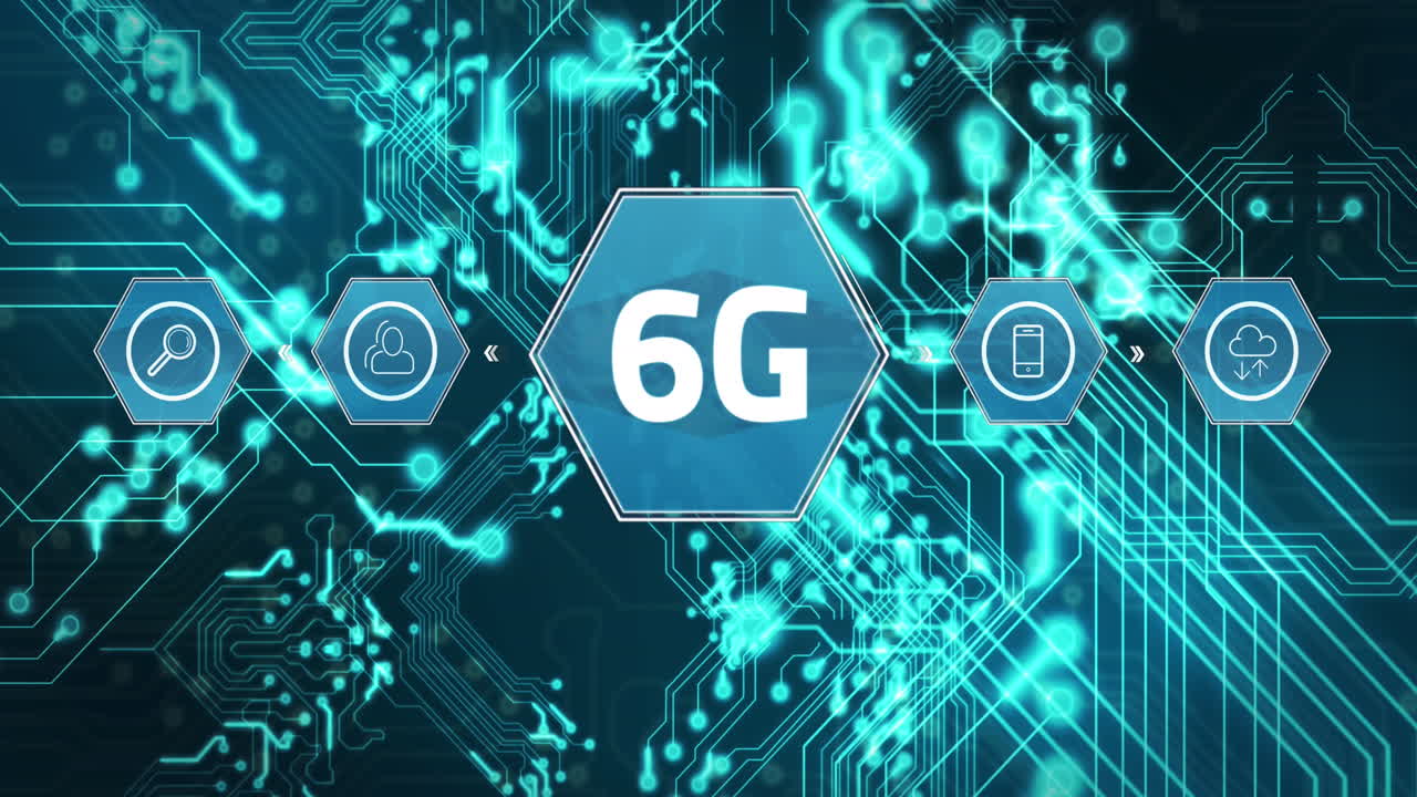 Animation of computer circuit board with data processing and 6g text