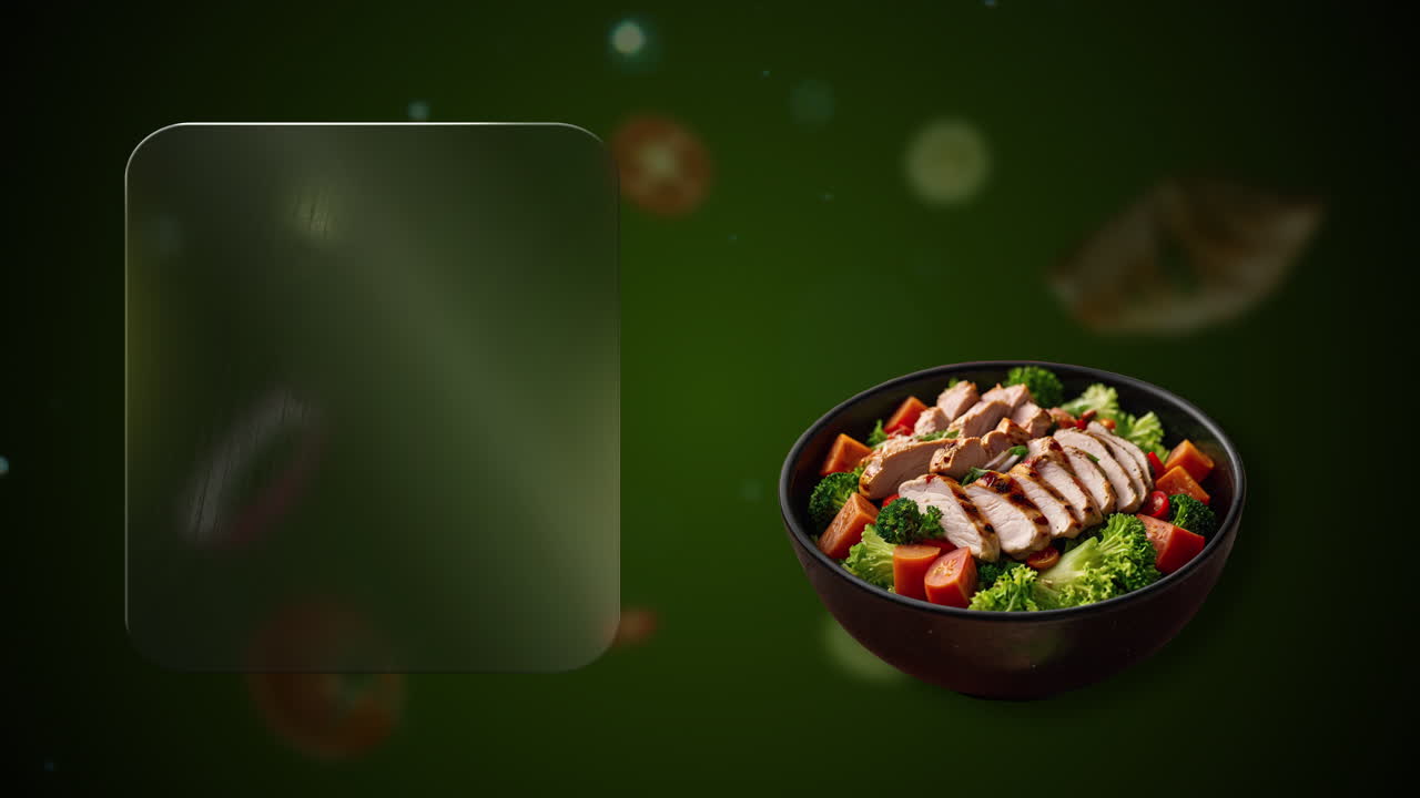 Mixed salad with strips of grilled chicken fillet, tomatoes, carrot and broccoli Animation - customize the side glass board with text, deal or your restaurant’s name