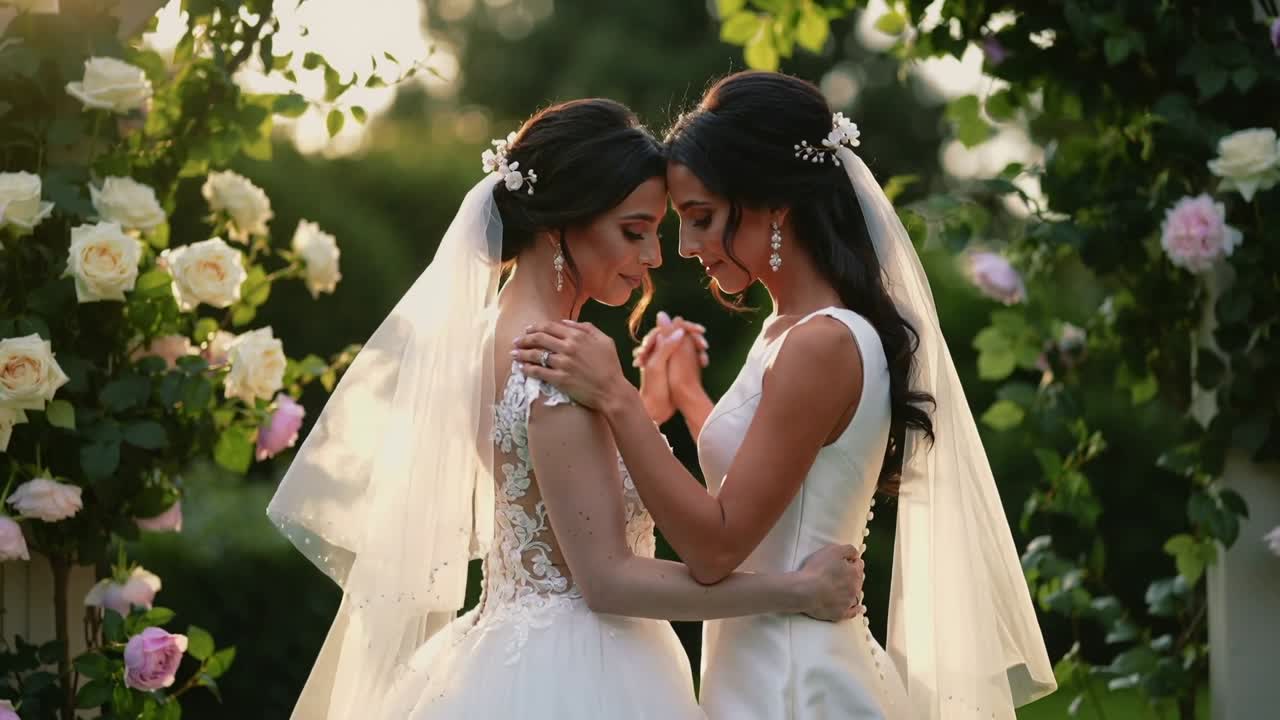 Compartiendo un abrazo, dos novias vestidas de encaje y satén se inclinan bajo un arco floral, tomadas de la mano, sellando sus votos.