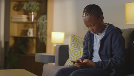 boy at home sitting on sofa in evening looking at mobile phone