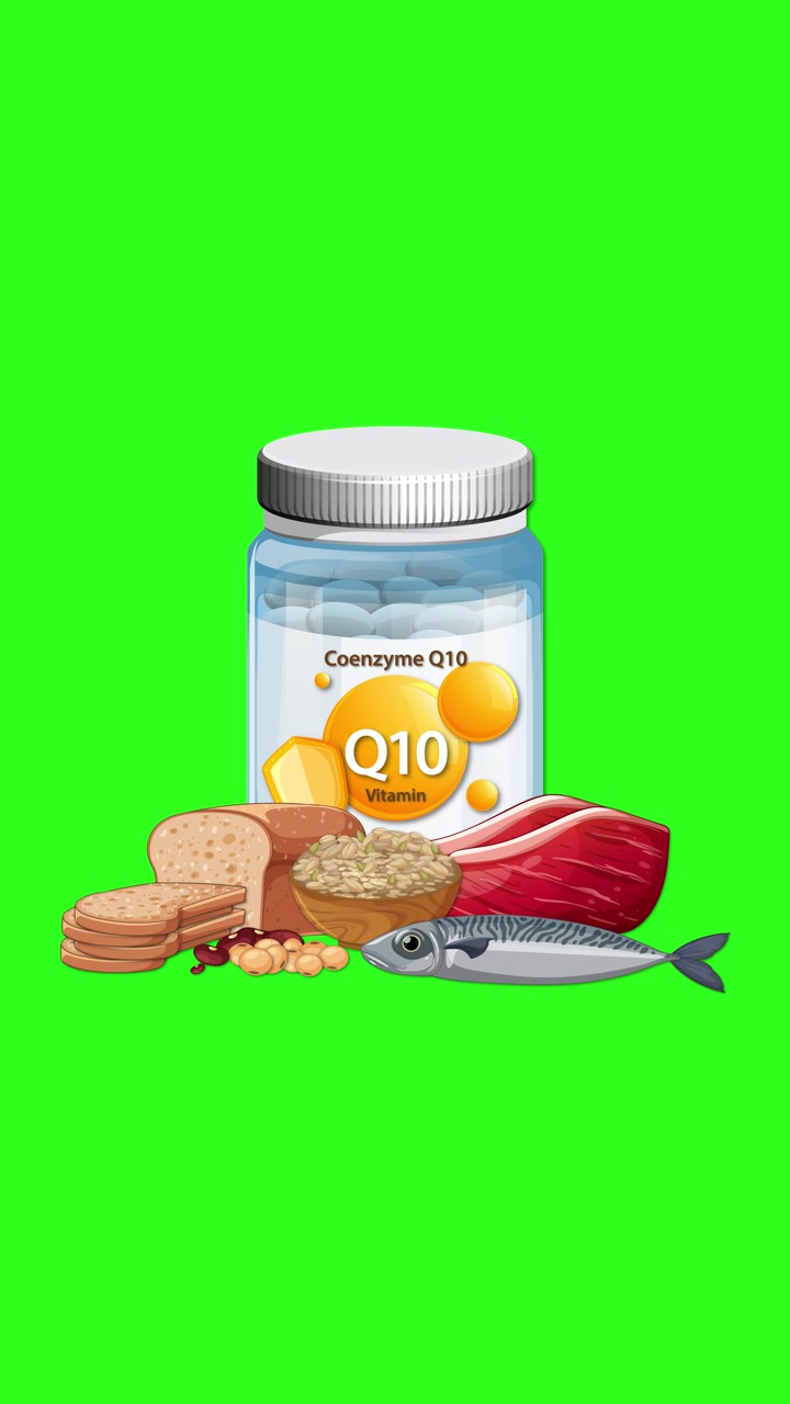 Vitamin Q10 supplement bottle with fish, meat, grains, and nuts appearing on vibrant green background