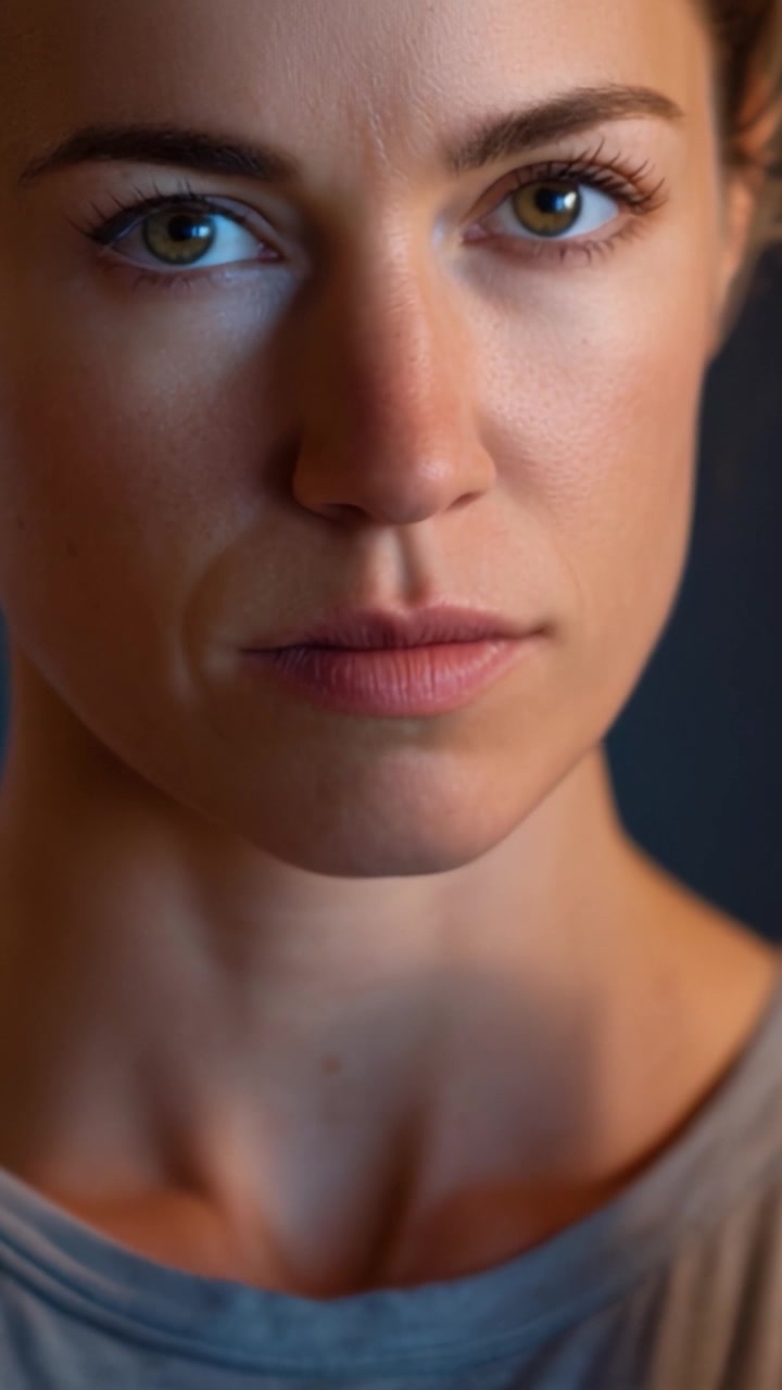 Un ritratto ravvicinato di una donna con un'espressione intensa, che mette in risalto i suoi tratti distintivi, lo sguardo e le emozioni sfumate in un ambiente splendidamente illuminato.