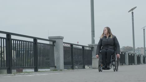 person in a wheelchair walking outside