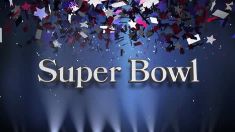 animación del texto del super bowl sobre confeti coloreado con la bandera estadounidense