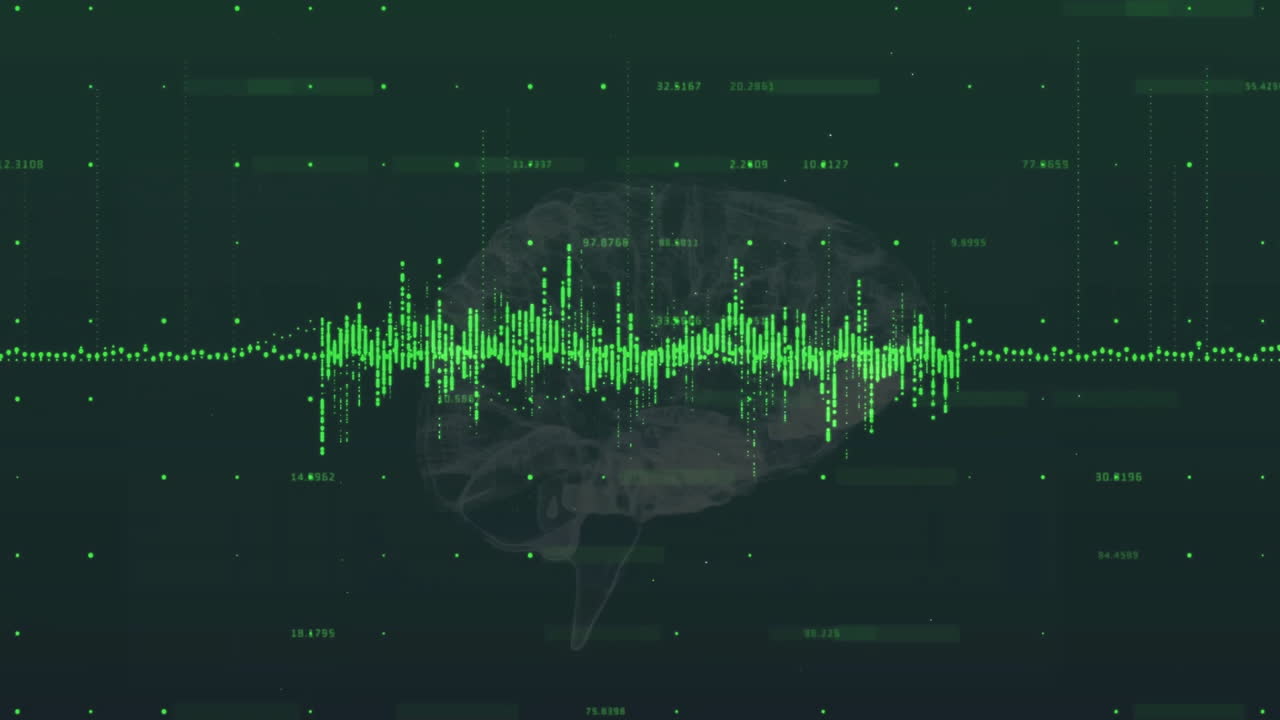 Brain with data points and waveforms, neural network processing animation