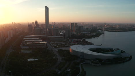 sunrise with cbd buildings. aerial in suzhou, china.