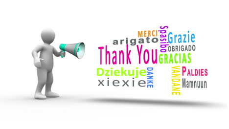 white figure yelling into a megaphone to reveal thank you in different languages