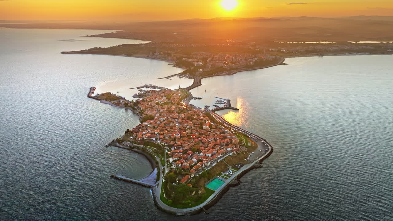 Aerial drone view of the old town Nessebar, Bulgaria at sunset