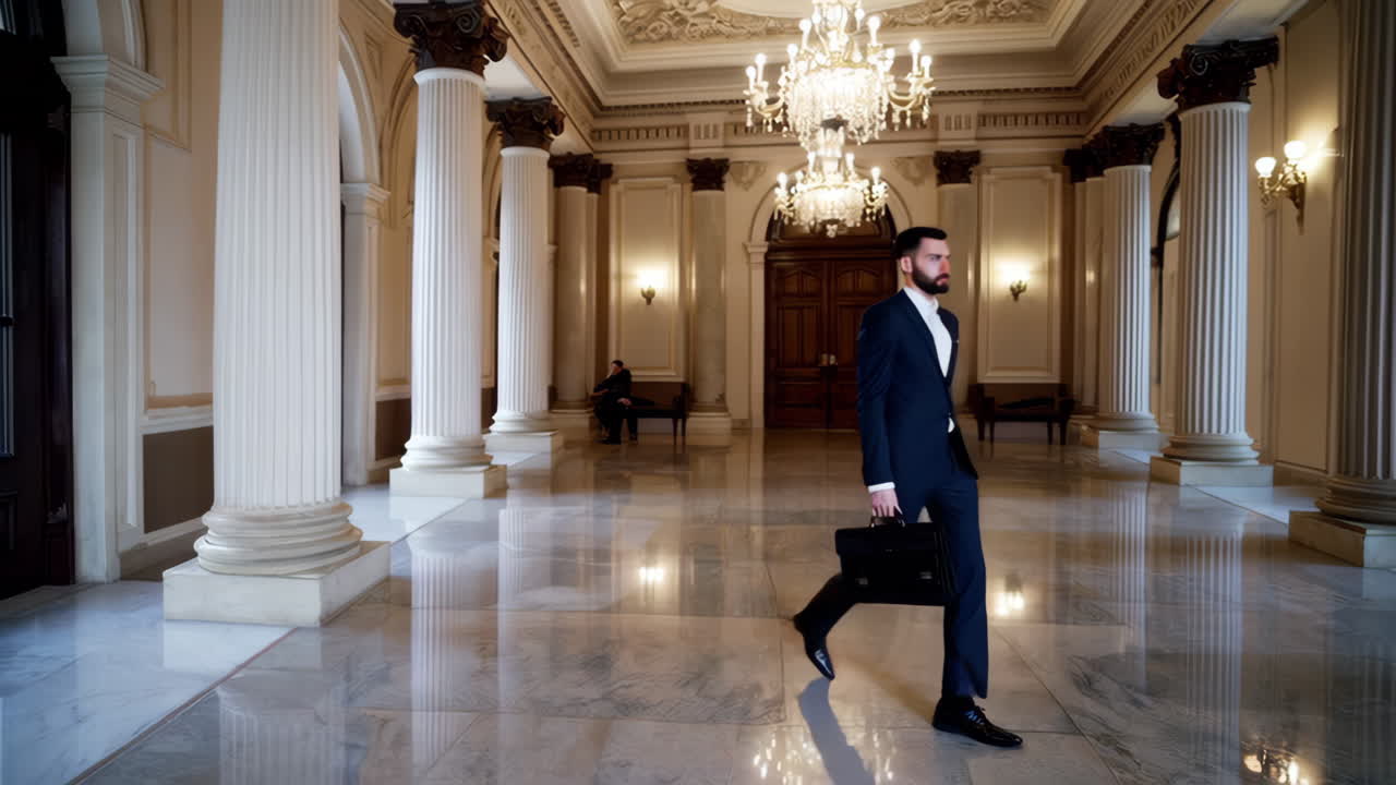 Businessman in an opulent hall with a mug