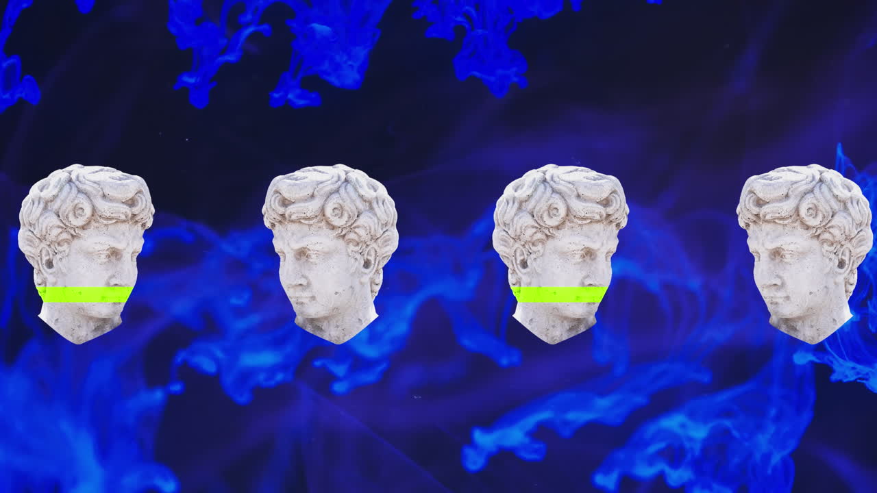 검은 바탕에 간섭과 파란 구름을 가진 조각의 애니메이션