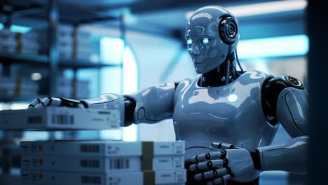 an advanced robotic system engaging in precision handling of packages in a high-tech warehouse environment, demonstrating cutting-edge automation and efficiency