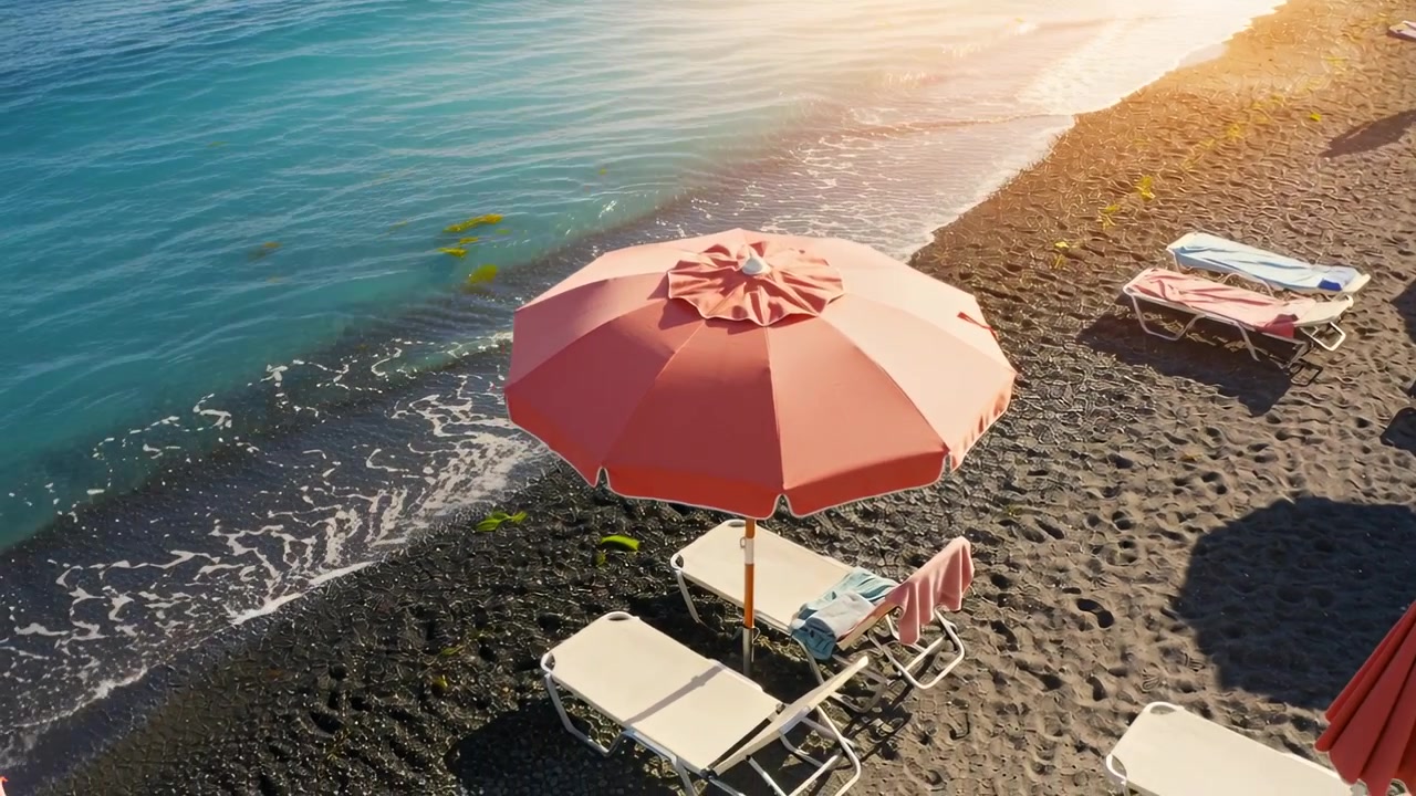 Drone in discesa che rivela un grande ombrellone rosa da spiaggia con due lettini su una spiaggia di ciottoli.