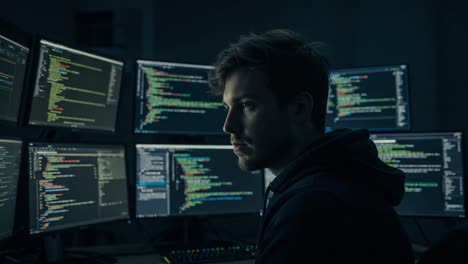focused programmer analyzing complex code on multiple monitors in a dimly lit room, showcasing concentration and technical skill in cyber environment