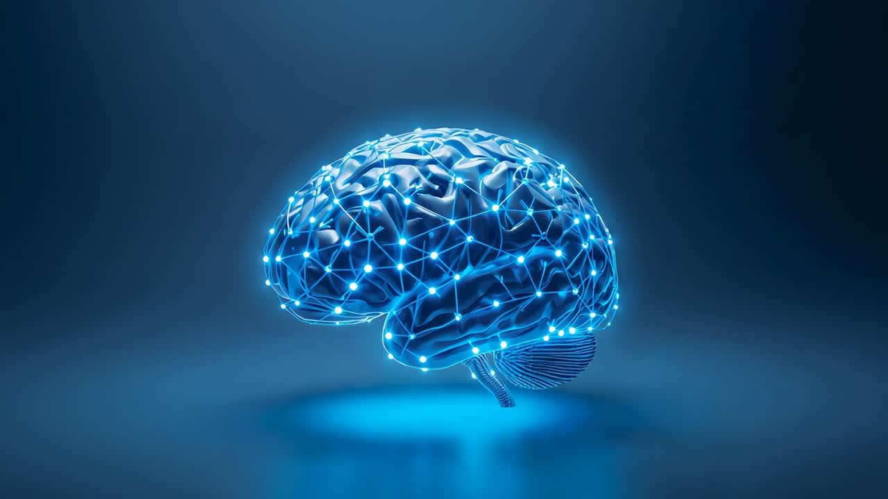 Opening 3D-rendered brain model pulsing in tech studio, highlighting glowing neural network links