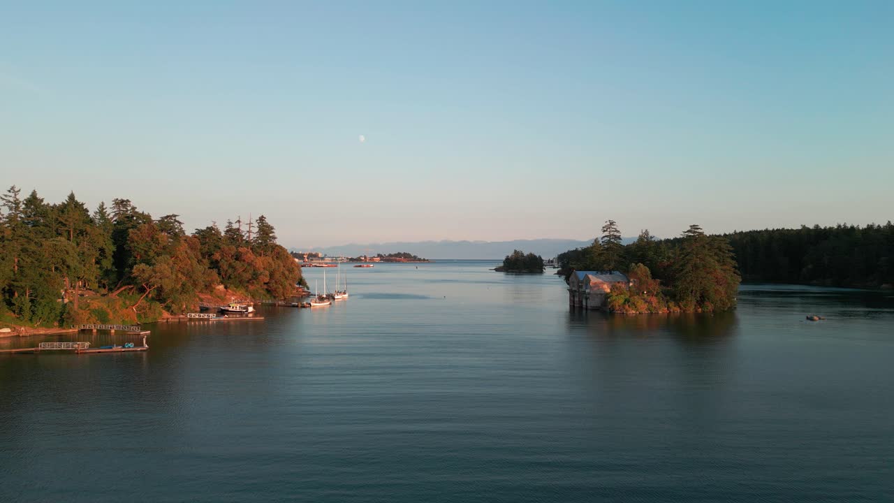An Aerial drone shot of the waters in View Royal, Victoria, Canada