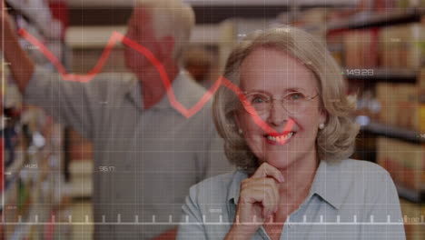 Animation of financial data processing over senior caucasian couple shopping
