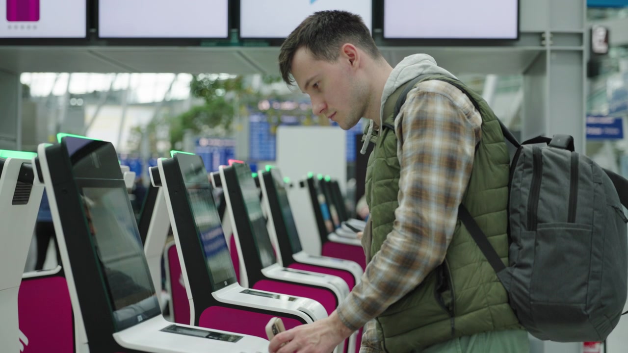 Young traveler using self check in kiosk with passport at airport terminal