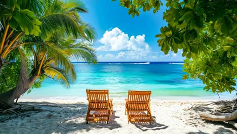 two wooden chairs sitting on a sandy beach next to the ocean