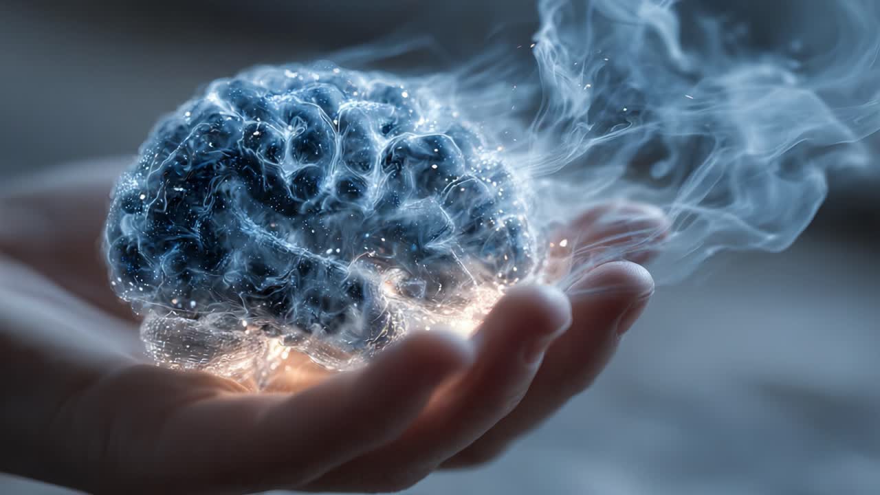 A captivating visualization of the brain, surrounded by ethereal smoke and light, symbolizes the intricate connection between thought and creativity, science and imagination