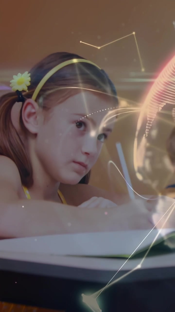 Vertical video: Girl writing for school, pencil strokes initiating animated lines and globe overlay