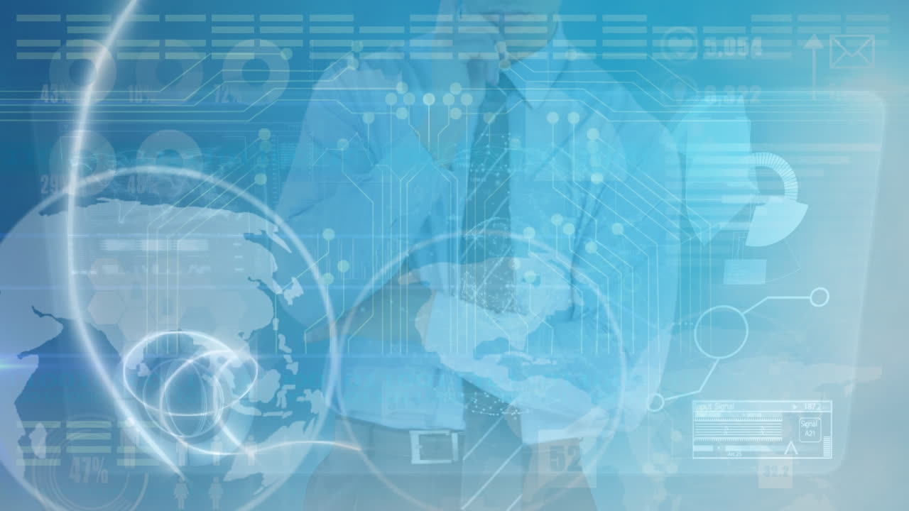 인터랙티브 화면을 사용하여 사업가 위에 회전하는 범위 스캐닝과 지구의 애니메이션