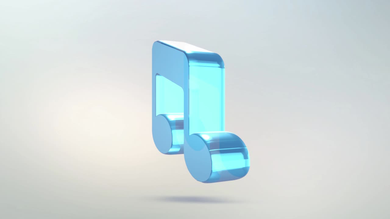 Music icon is made of glass. Transparent rotating music icon with alpha channel blue green color. Seamless looping symbol 3D figure