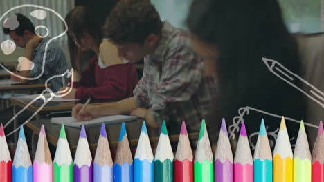 animation of colour pencils and school icons over diverse school children