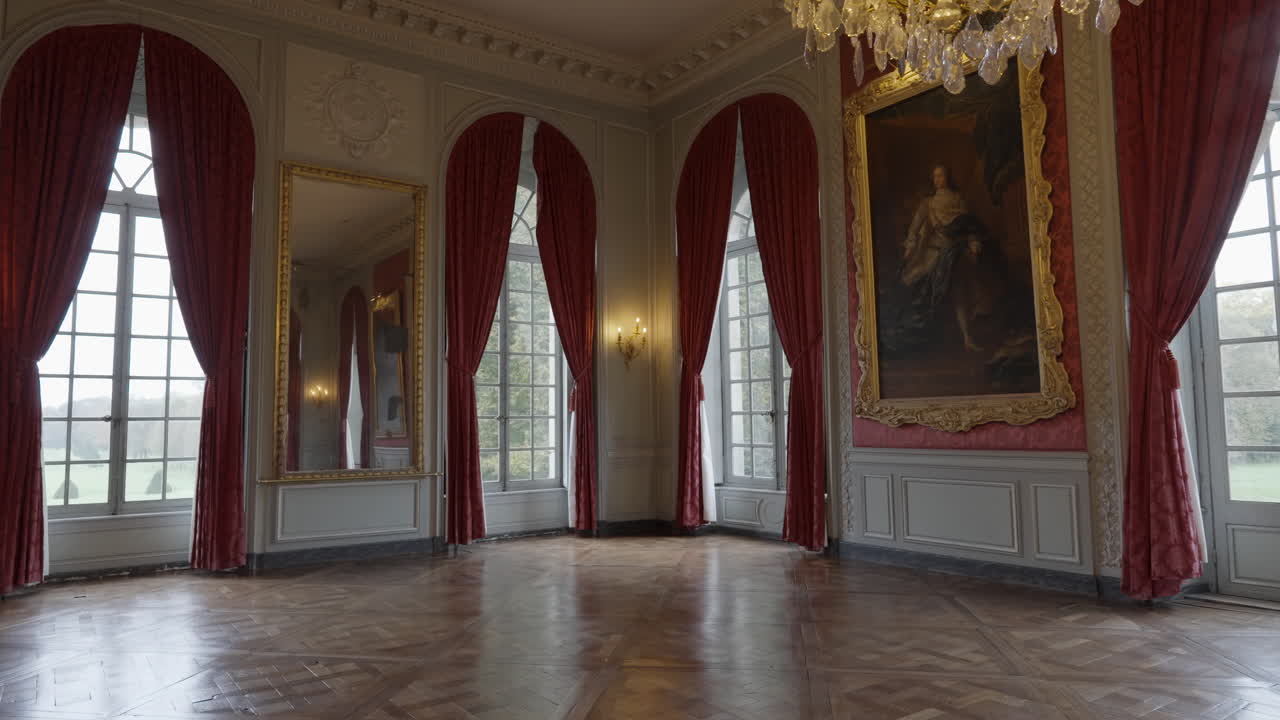 Grand Hall in a Historic Palace with Chandelier and Large Windows