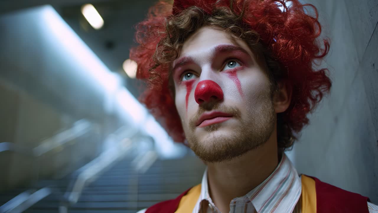 A poignant moment reflecting the emotional depth of a clown, capturing a unique expression of longing and introspection in a dimly lit stairway setting