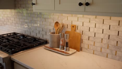 close-up of cooking utensils, cutting board, salt and pepper shaker on kitchen countertop near stove