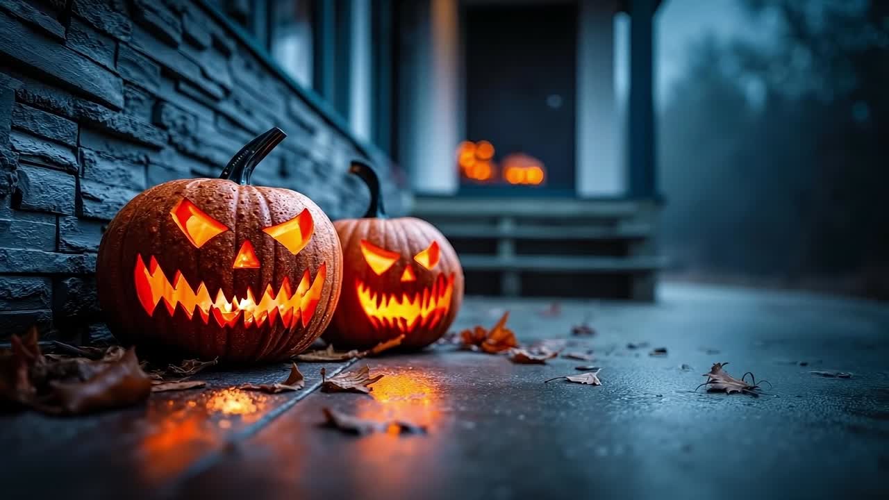 Two pumpkins sitting on the ground in front of a house