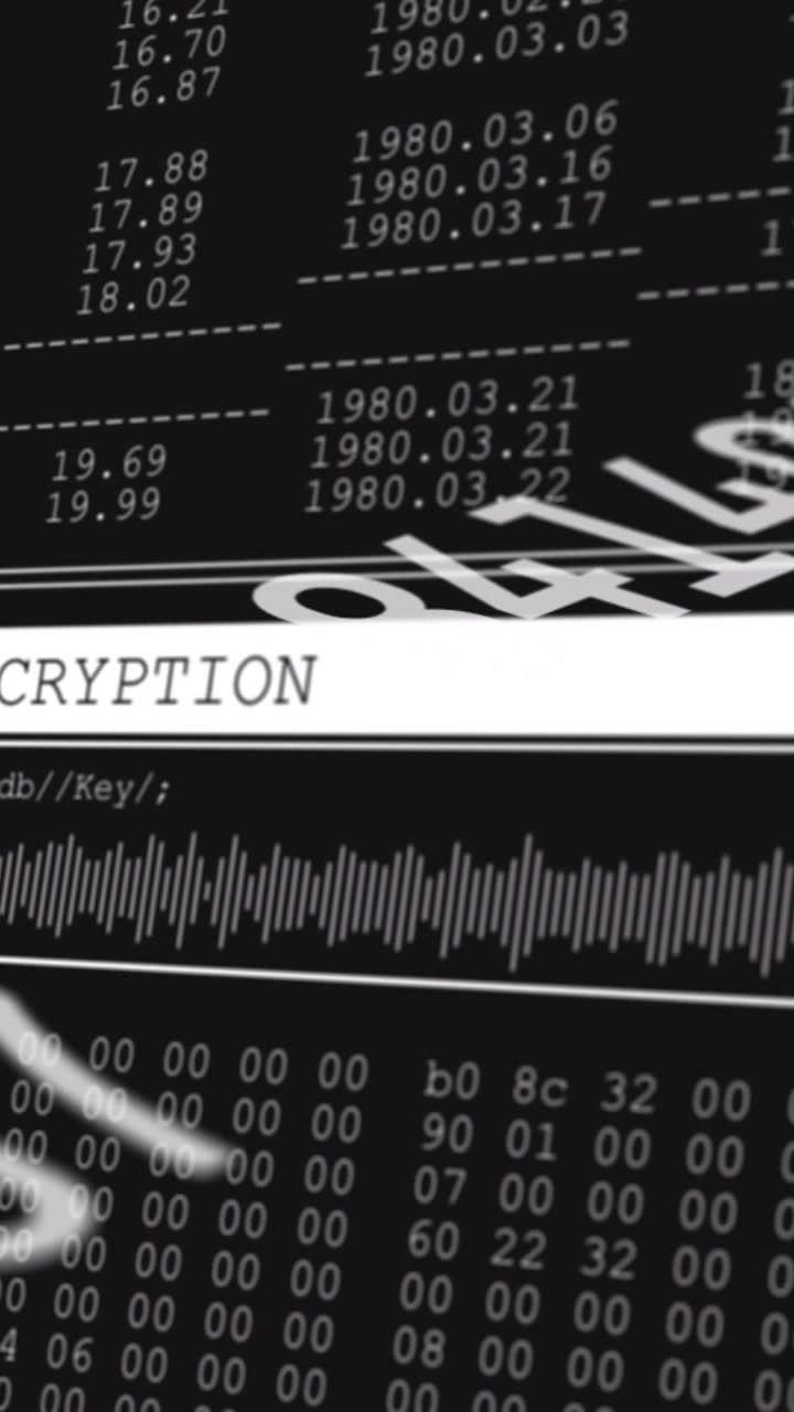 Vertical video: Encryption HUD animating on data pulse ENCRYPTION band sliding, hex bytes scrolling
