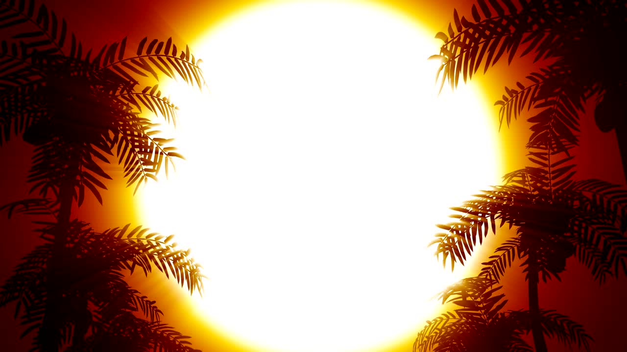 Retrofuturistinen tausta palmuilla Auringon taustalla. Silmukoitu.