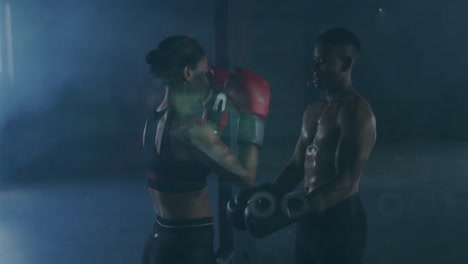 Training in gym, two boxers with animation of digital coding overlay