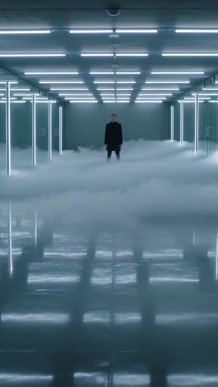Vertical video: Standing man wearing black coat facing camera in studio, with grid lights and fog