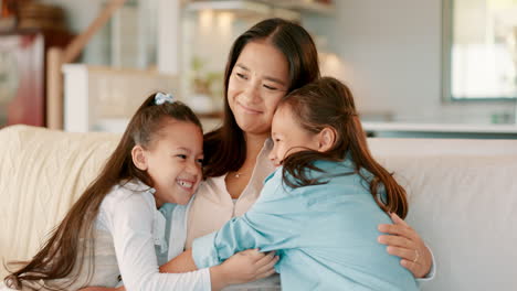 mother, couch talk and hug with kids