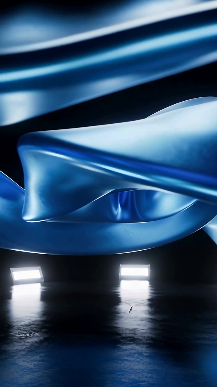 Vertical video: Looping glossy blue ribbons twisting over shiny studio floor with three lights