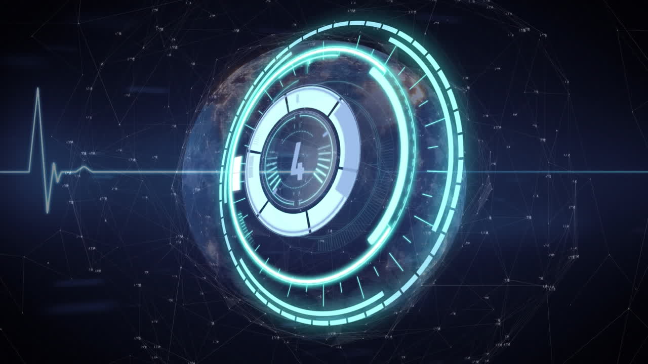 animación del reloj sobre el monitor de frecuencia cardíaca y el mapa del mundo