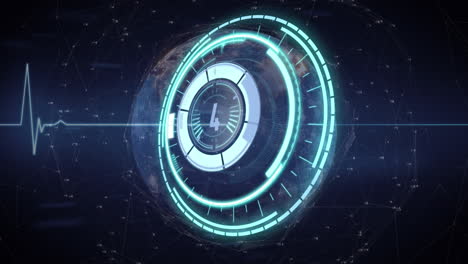 animación del reloj sobre el monitor de frecuencia cardíaca y el mapa del mundo