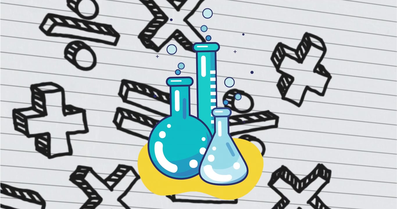 Animation of chemistry icon over mathematical symbols on ruled paper