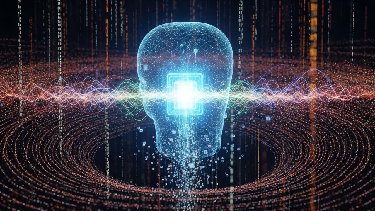 A mesmerizing digital representation of a glowing skull, surrounded by dynamic waves of light and data streams, symbolizing the intersection of technology and consciousness