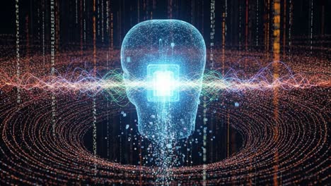 a mesmerizing digital representation of a glowing skull, surrounded by dynamic waves of light and data streams, symbolizing the intersection of technology and consciousness
