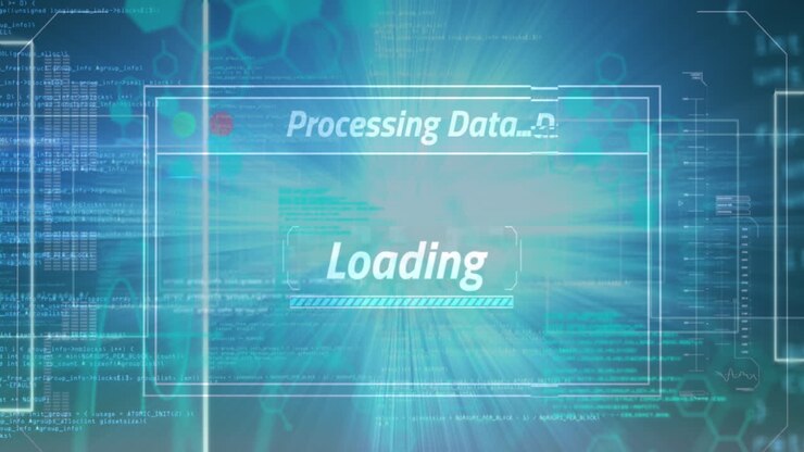 Animation of interface with data processing and light spot against blue background